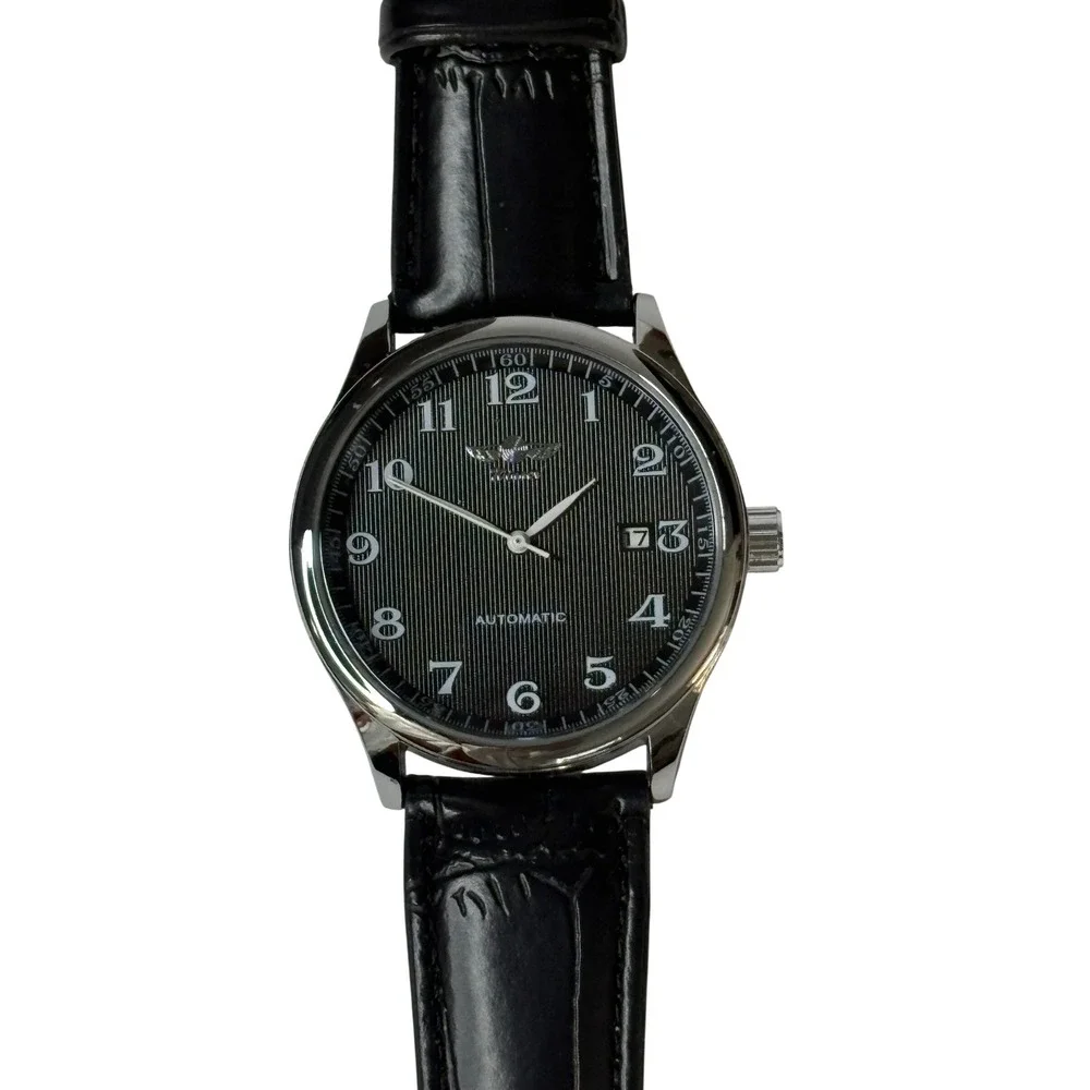 Winner Automatic Mechanical Wrist Watch Black Leather Strap Calendar Day NEW‎